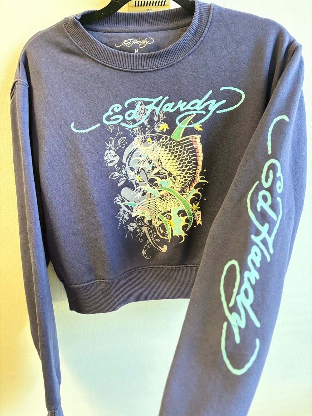 Ed Hardy Koi Fish Cropped Sweatshirt Size M Navy